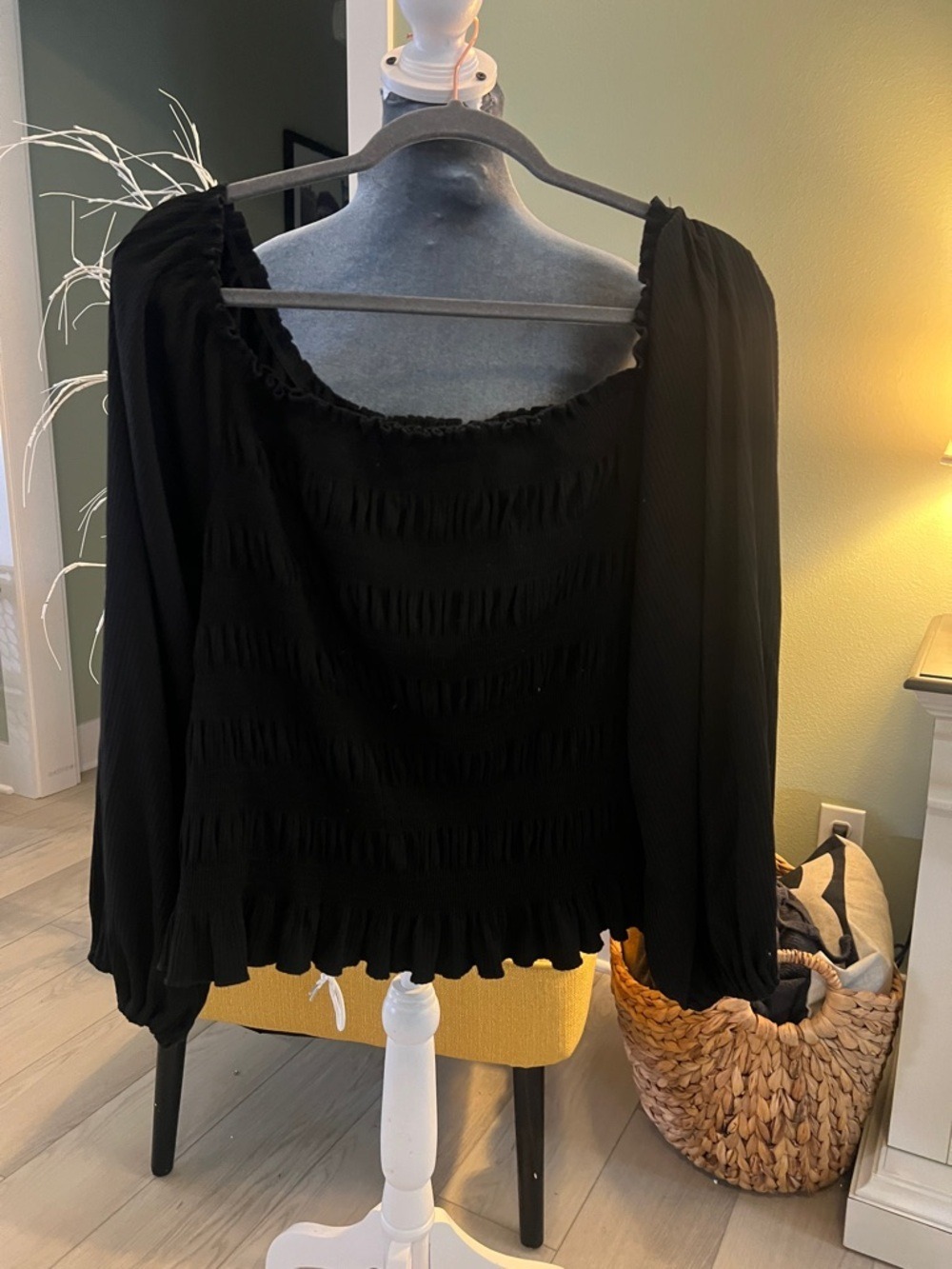 white birch Black Smocked Ruffle Hem Blouse